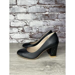 Shoes of Prey Black Leather Round Toe Pumps Block Heels Women’s Sz 4M US/34EU